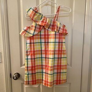 Janie and Jack Summer Tropics Orange Plaid One Shoulder Ruffle Dress Girls SZ 10